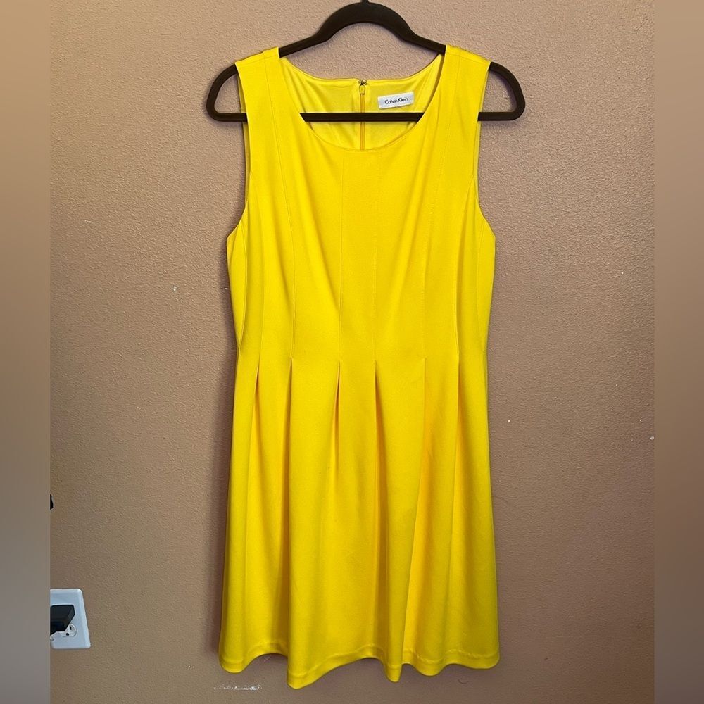 NWOT Calvin Klein Yellow Fit & Flare Tank Top Pleated Knee Length Dress size XL